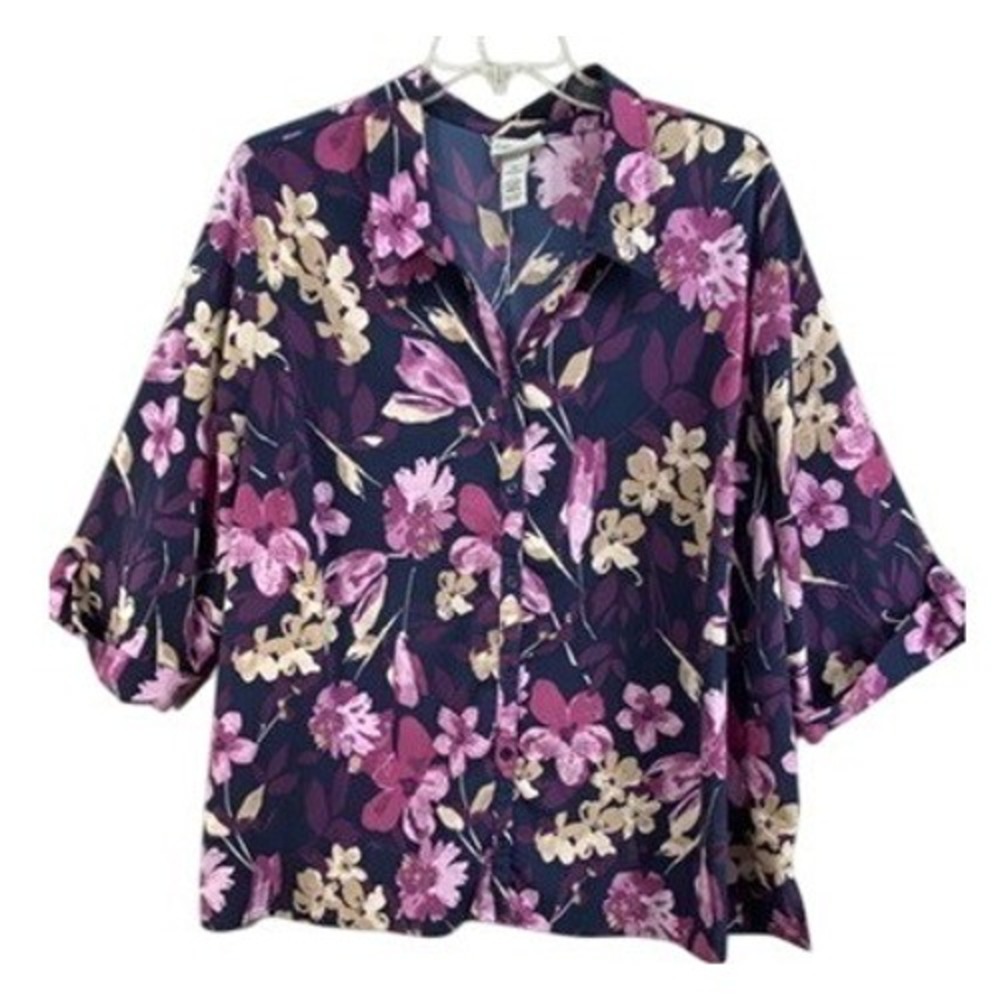 Catherines Shirt Womens 3X Navy‎ Purple Floral Button Up Roll Tab Sleeve Blouse
